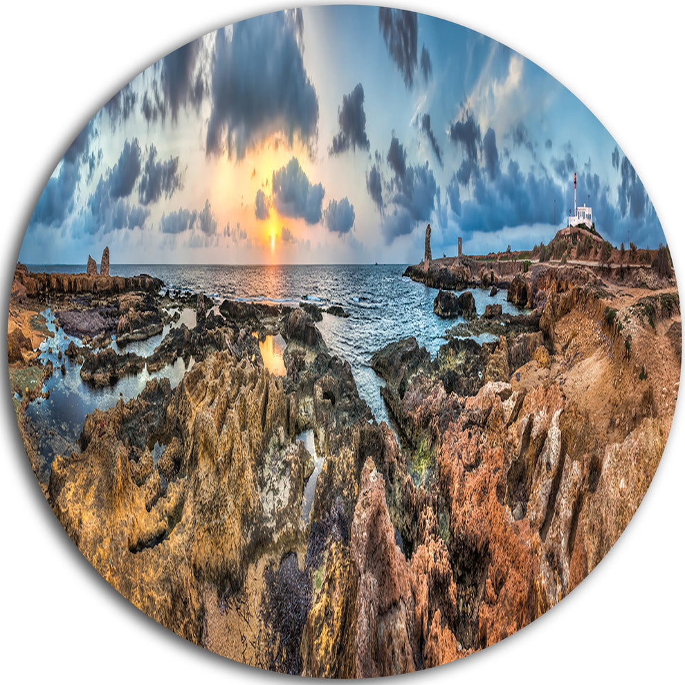 Rocky With Historic Ruins Evening, Landscape Disc Metal Artwork, 23"