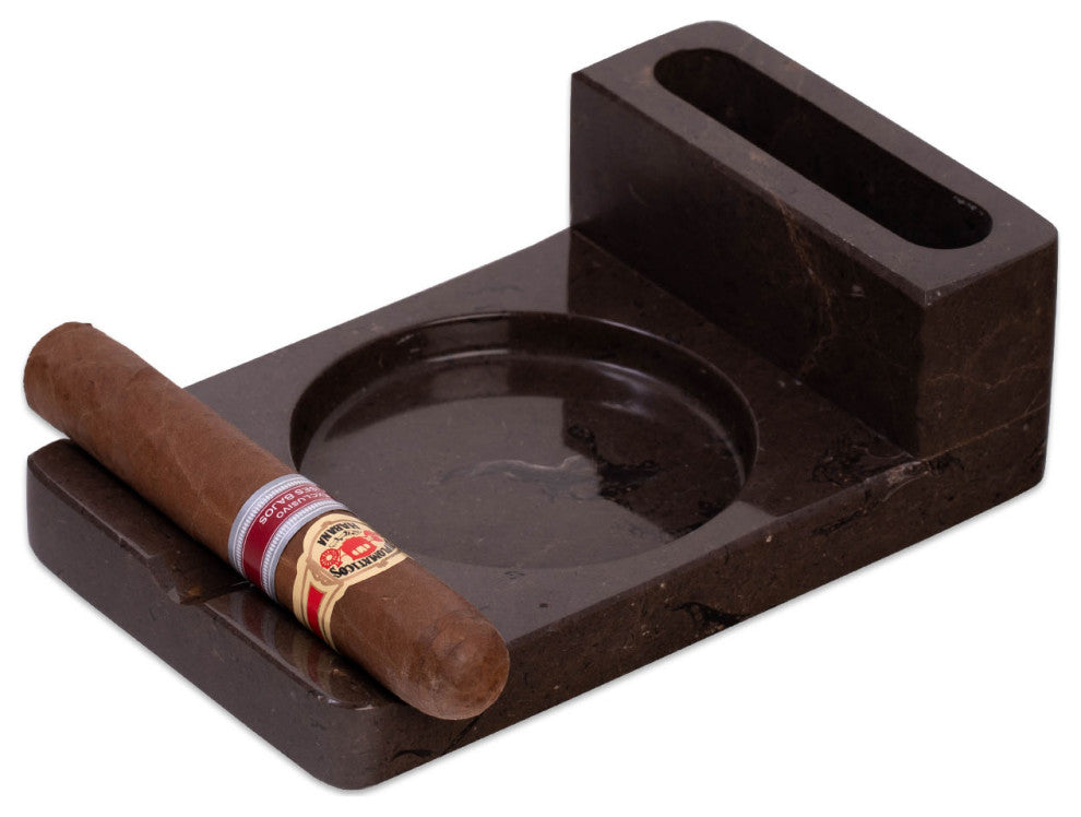 Genuine Marble Cigar Ashtray and Accessory Storage, Brown