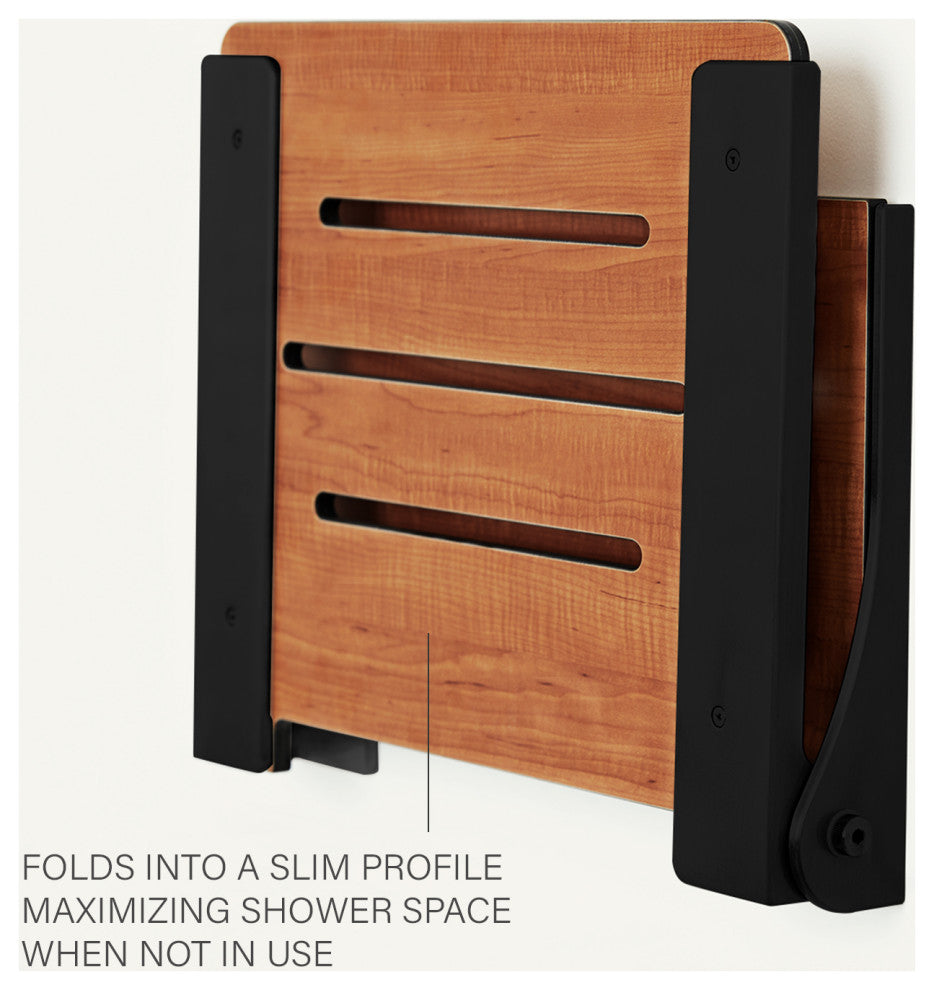 Silhouette Folding Wall Mount Shower Bench Seat, Teak Seat With Matte Black Frame
