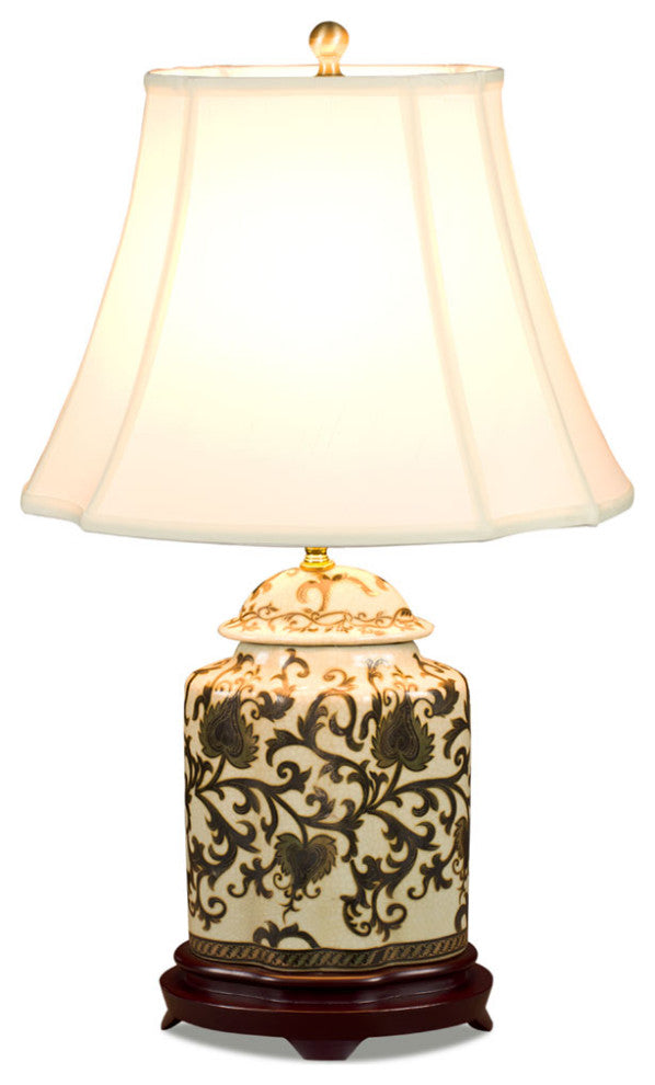 Black and Gold Floral Vine Motif Asian Porcelain Lamp