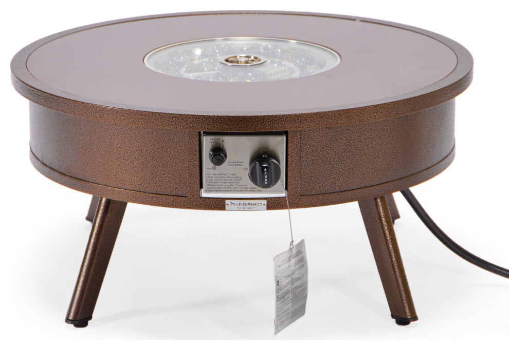 Leisuremod Walbrooke Patio Round Fire Pit Table With Aluminum Frame, Brown
