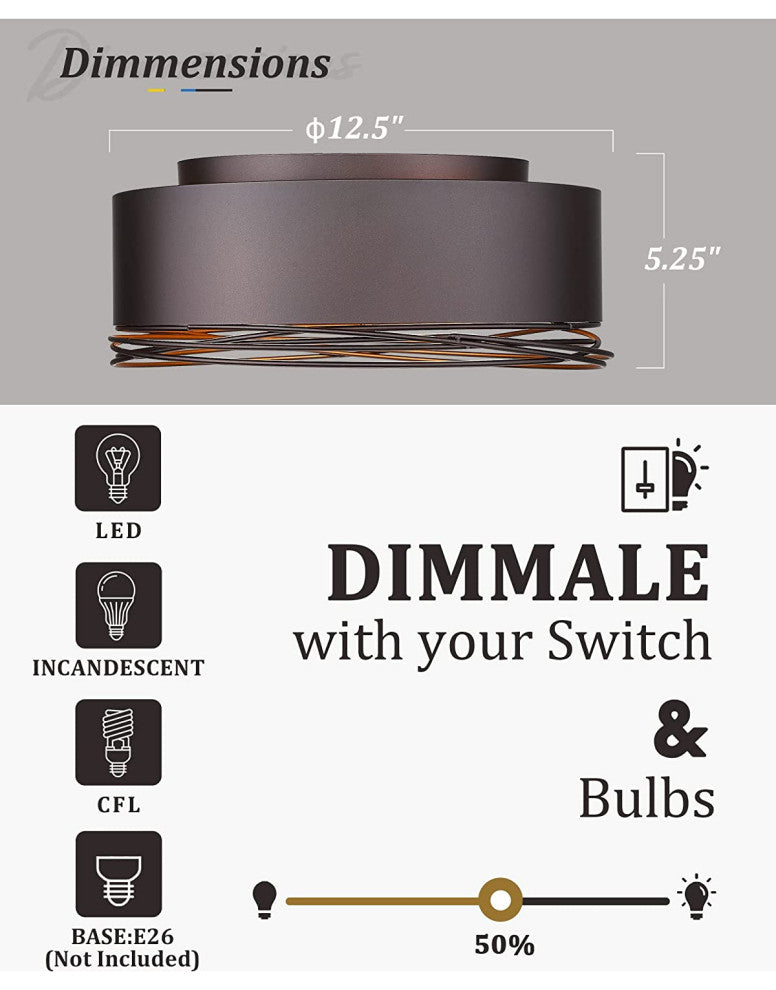 2 Light Industrial Ceiling Light Fixture, Farmhouse, Flush Mount