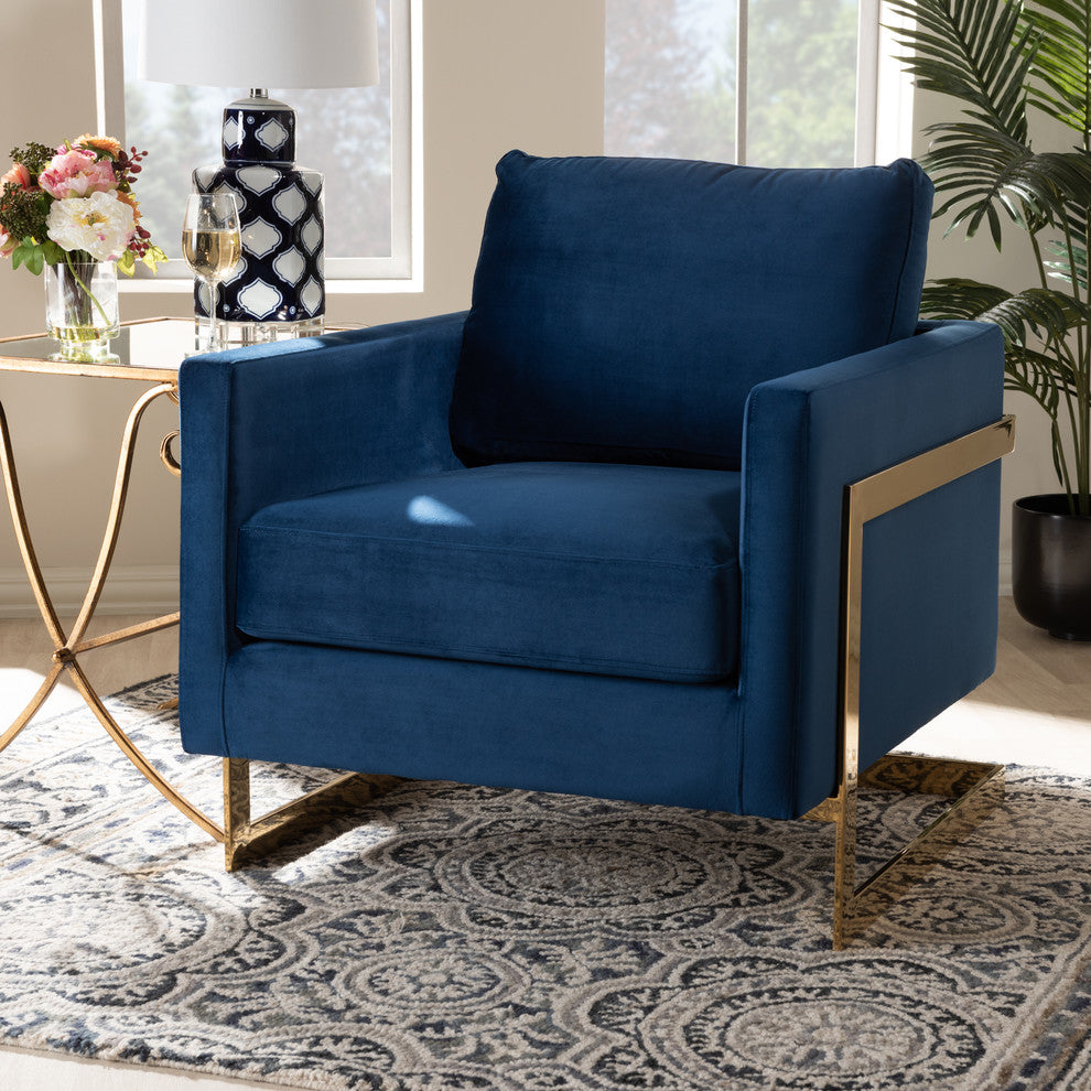 Jezza Glam and Luxe Royal Blue Velvet Fabric Upholstered Gold Armchair