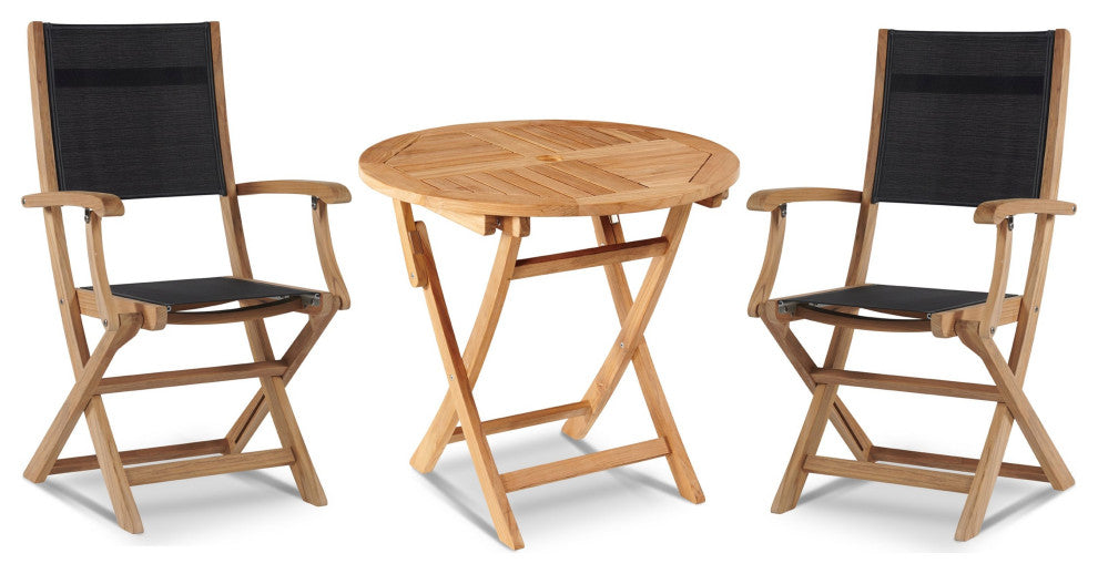 Stella 3-Piece Round Teak Outdoor Bistro Set in Black with Folding Table