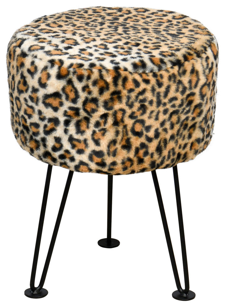 Leopard Faux Fur Ottoman, 13''x13''x17''