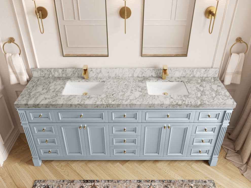 Paris 84" Double Sink Bathroom Vanity, Blue Heather 2" Carrara Marble