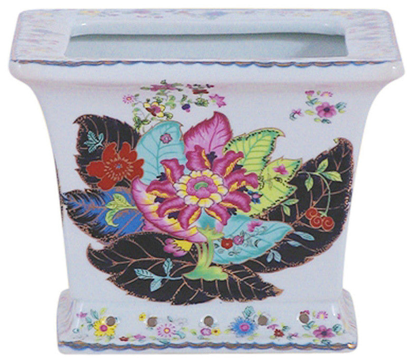 Set of 2 Tobacco Leaf Motif Square Porcelain Flower Pots 6"