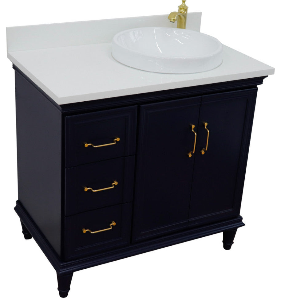 37" Single Vanity, Blue Finish With White Engineered Stone Top