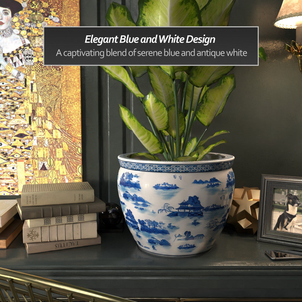 16" Landscape Blue and White Porcelain Fishbowl