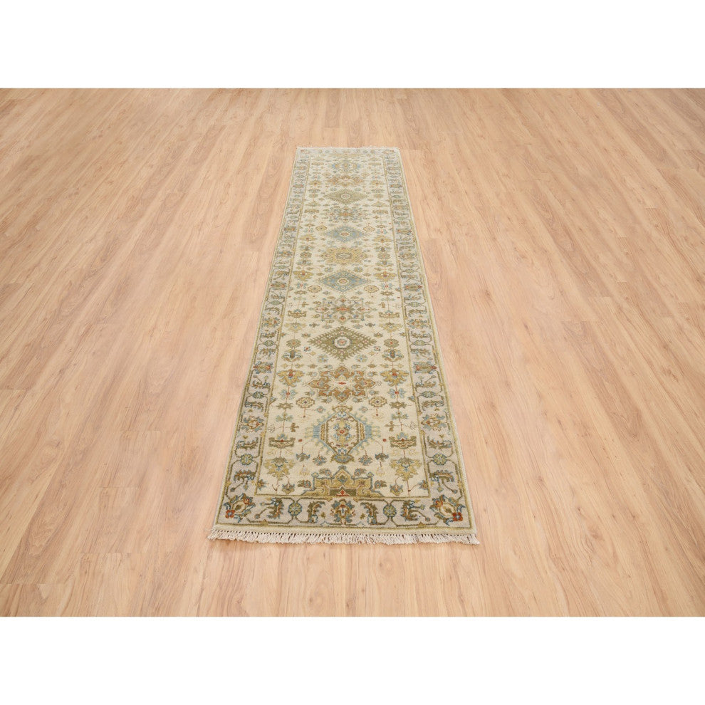 Ivory, Karajeh Design, Soft Pure Wool, Hand Knotted, Oriental Rug, 2'7" x 9'9"