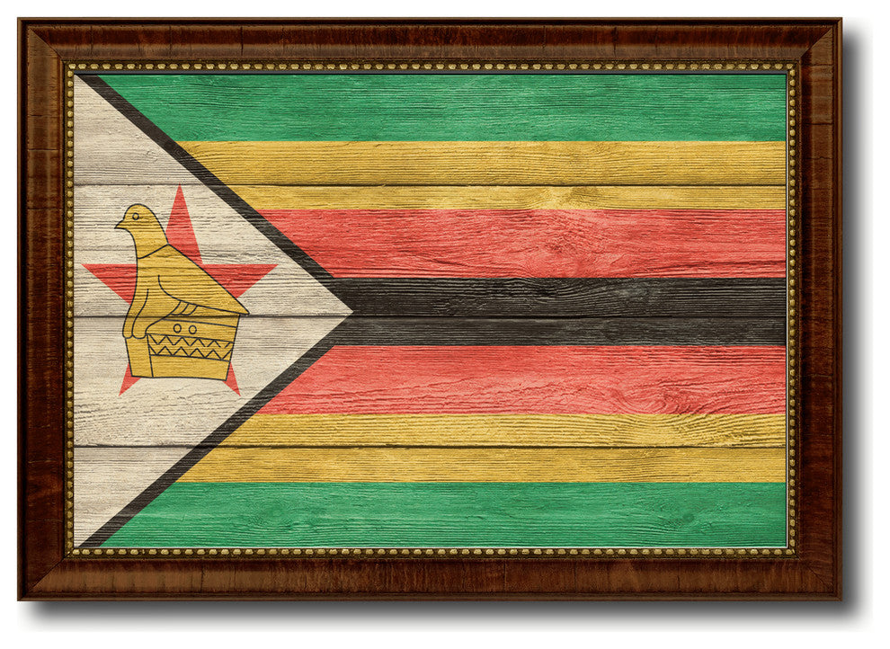 Zimbabwe Country Textured Flag Print With Brown Gold Frame, 19"X27"