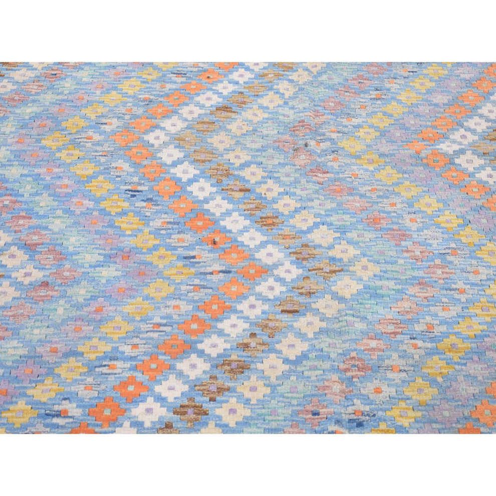 Light Blue Afghan Kilim with Geometric Design Hand Knotted Wool Rug 10'3"x13'3"
