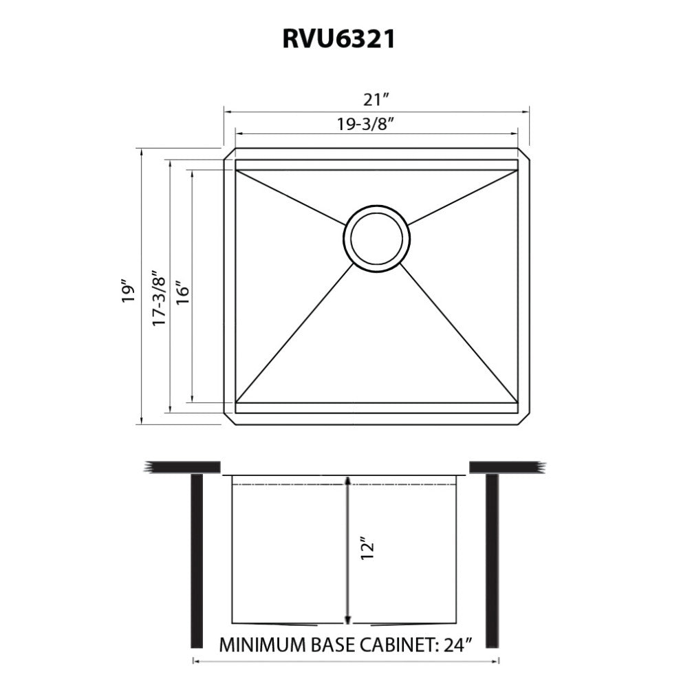 21 x 19 x 12 Deep Laundry Utility Workstation Sink Undermount 16 Gauge, RVU6321