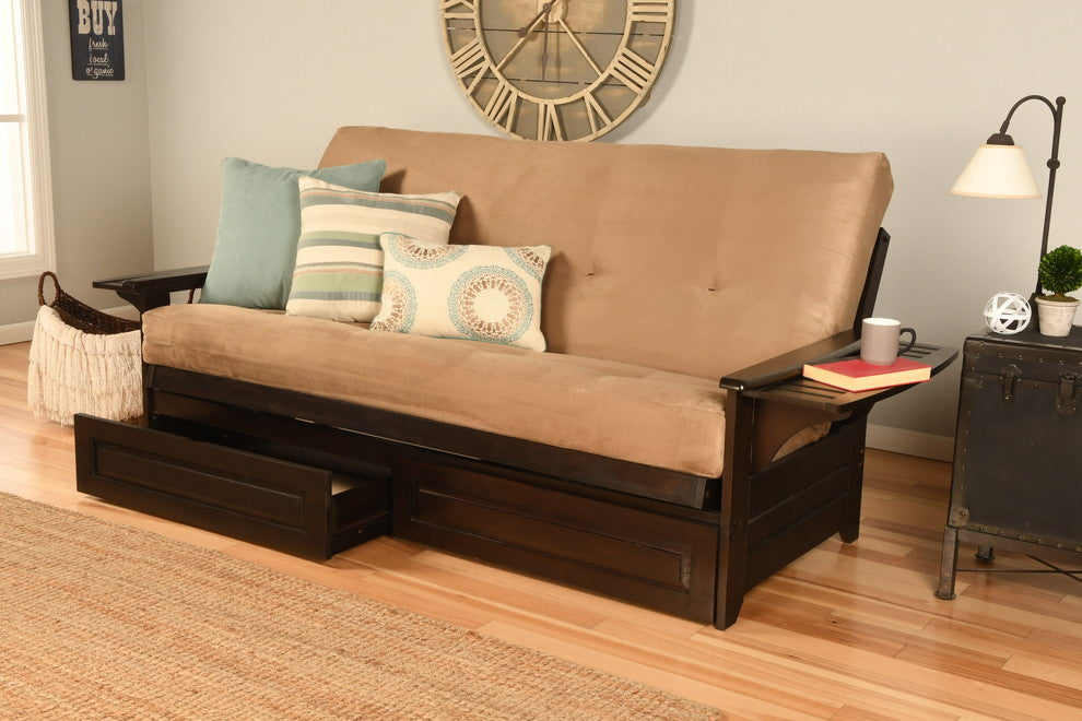 Mesa Frame Futon With Espresso Finish, Storage Drawers, Suede Peat