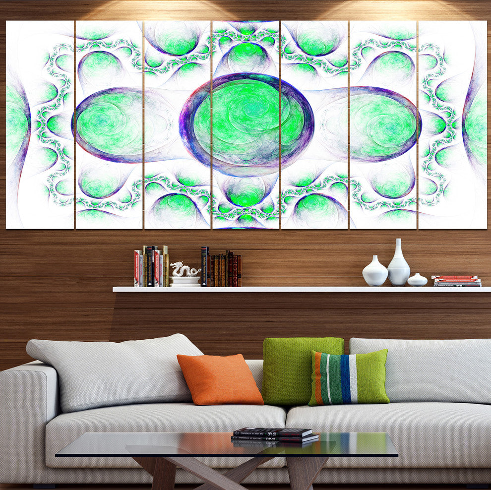 Green Exotic Pattern on White, Abstract Art on Canvas, 83"x32", 7 Panels