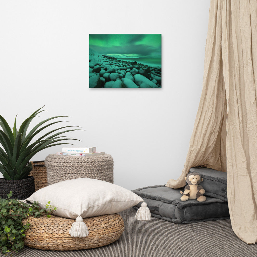 Aurora Borealis Over Ocean Night Seascape Landscape Photo Canvas Wall Art Print, 18" X 24"