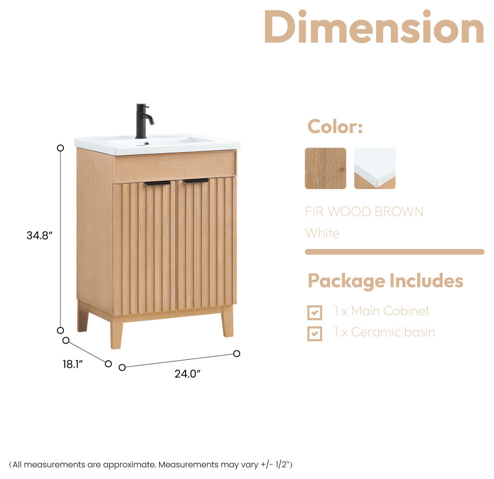 Palos Bathroom Vanity, Fir Wood Brown, 24", Ceramic Top, No Mirror