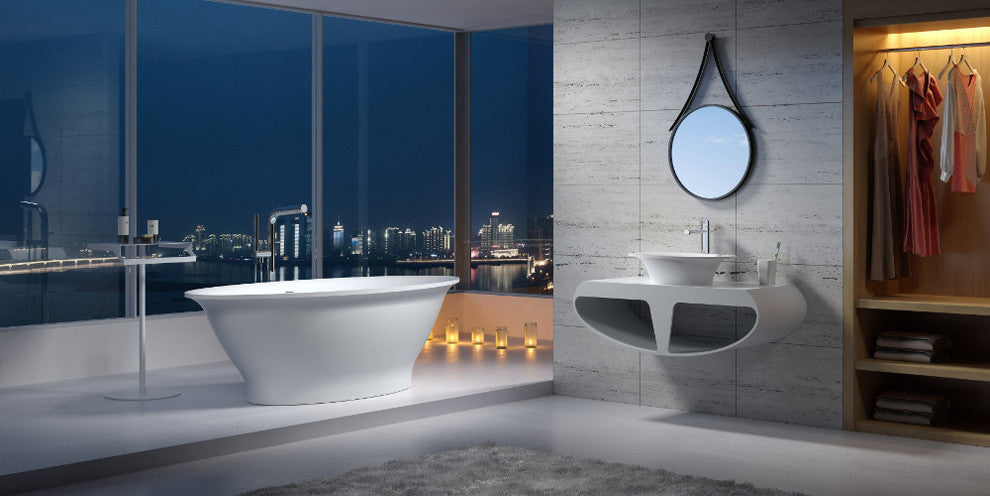74" Polystone Oval Free-Standing Bathtub, Matte White, No Faucet