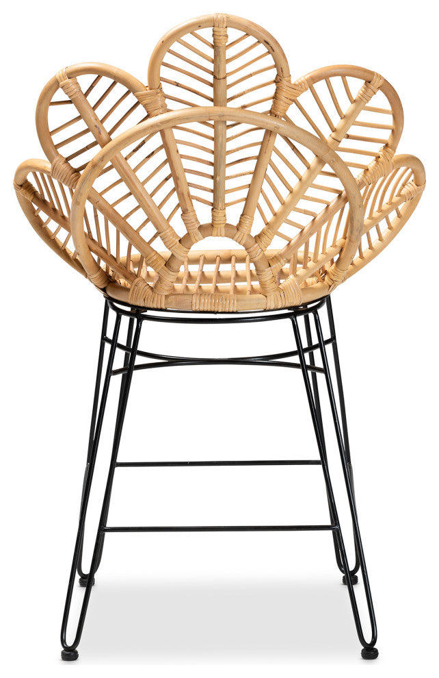 Garan Modern Bohemian Natural Brown Rattan and Black Metal Counter Stool
