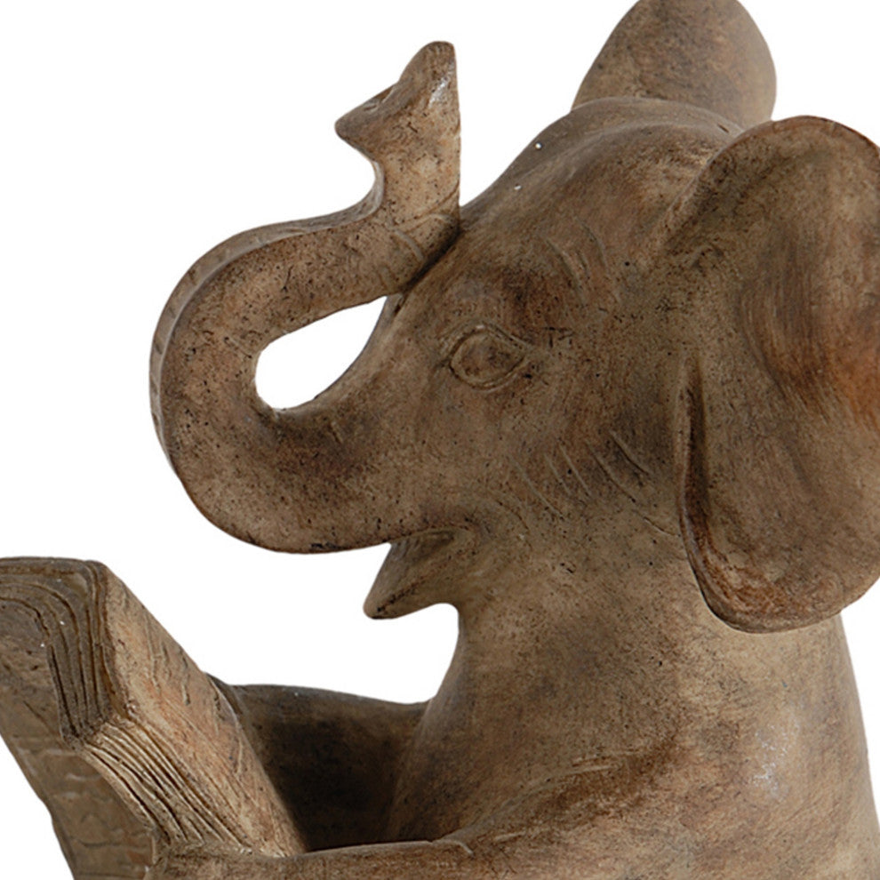 Benzara BM284984 2-Piece Set Bookends, Reading Elephant Statuettes, Brown