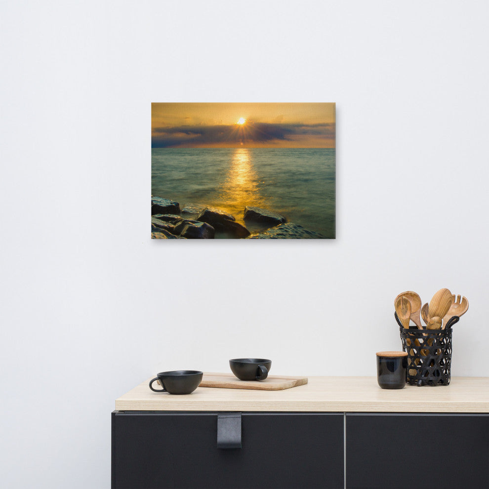 Sunset On Ocean, Sea, Beach Nature Landscape Photo Canvas Print, 18" X 24"