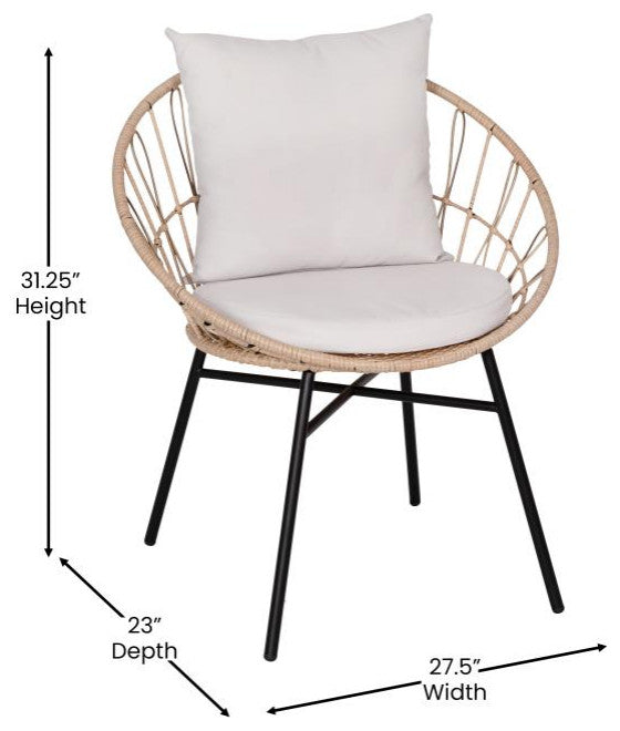 Devon 3-Piece Bistro Set, 2 Papasan Chairs w/Cushions, Glass Top Side Table, Tan