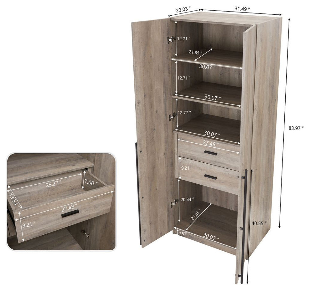 Lee Modern 2-Piece Wardrobe With 1 Rod, 2 Drawers, 3 Shoe Storage & 5 Shelves, Rustic Gray