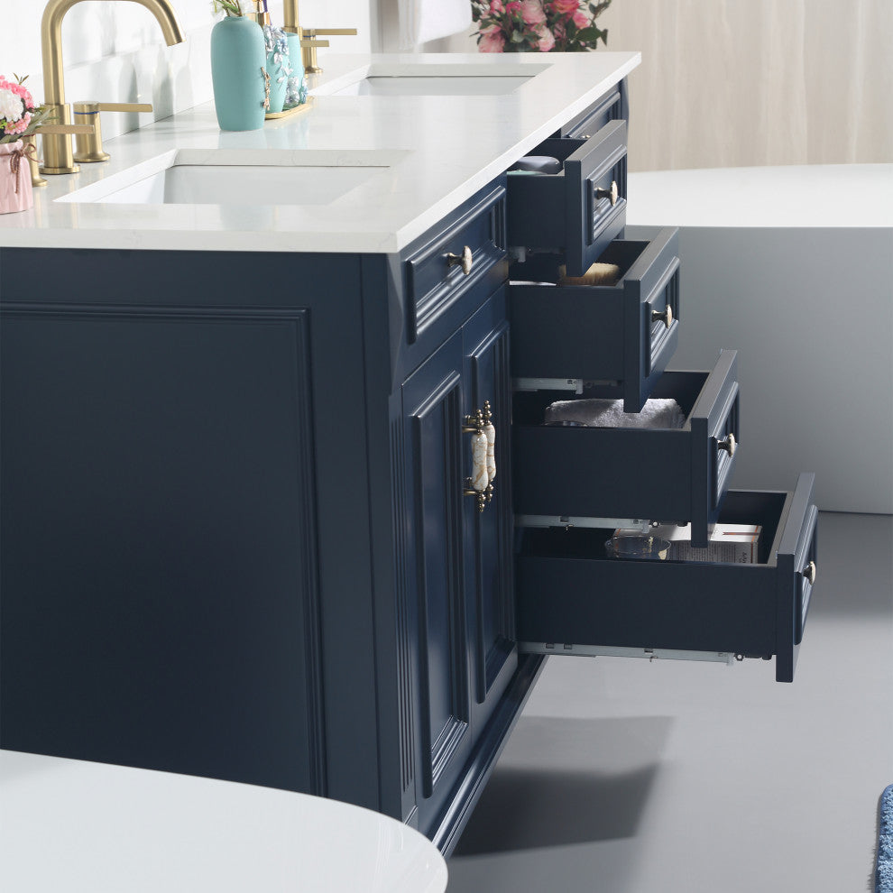Solid Wood Bathroom Vanity with Quartz Top and cUPC Certified Sink, Navy Blue, 72 Inch
