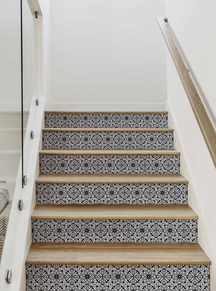Geo Flowers Peel and Stick Stair Riser Strips, Black, 48"w X 7"h, 6 Sheet