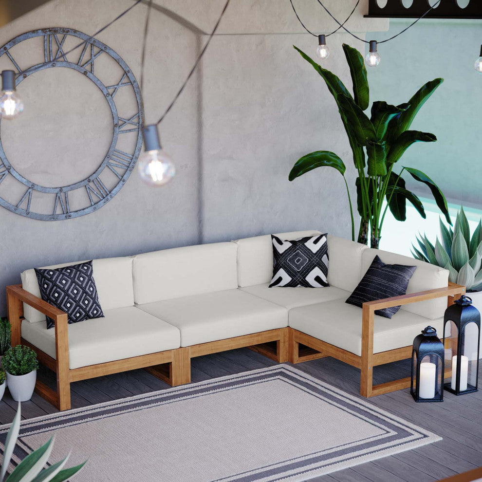 Lounge Sectional Sofa Chair Set, Wood, Brown Natural White, Modern, Outdoor