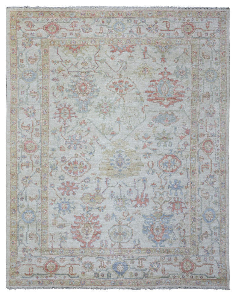 Ivory Afghan Oushak Branch Flower Design Soft Wool Hand Knotted Rug, 8'1"x10'2"