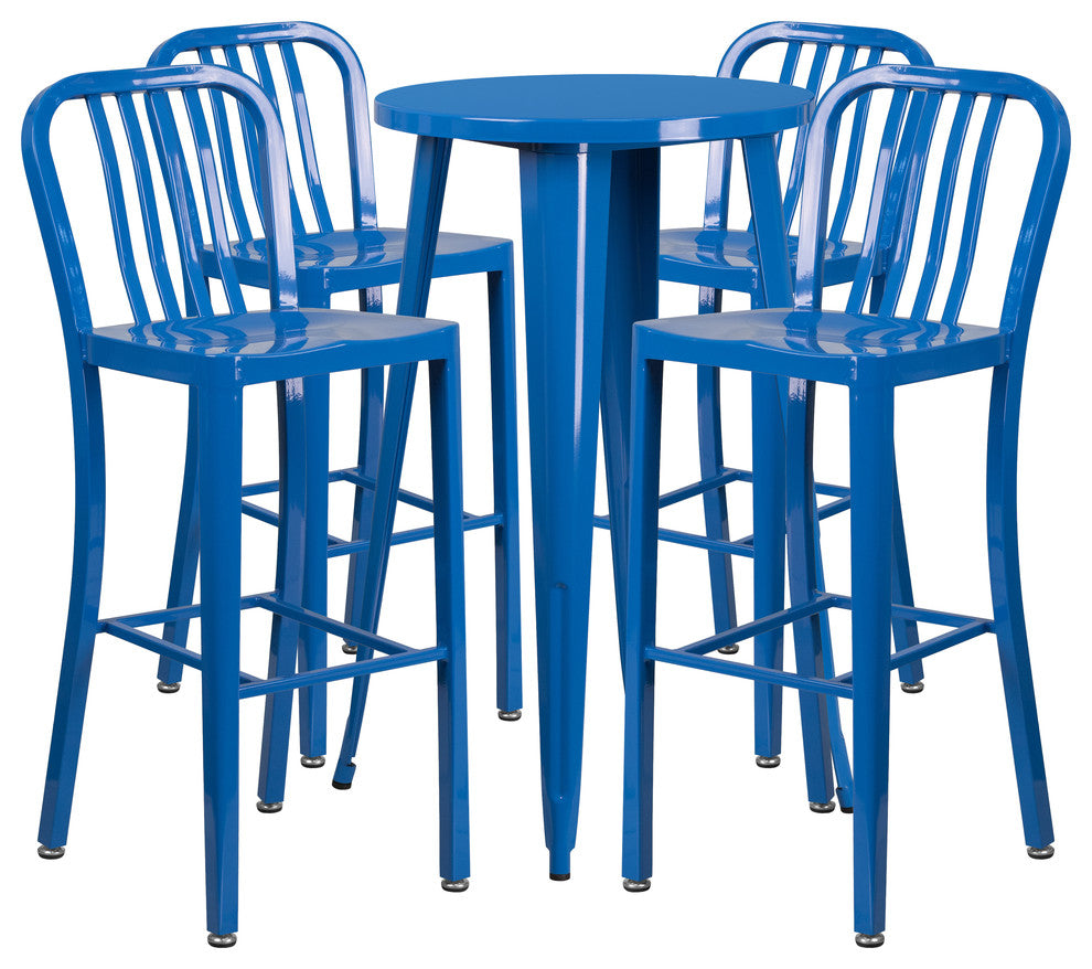 24" Round Blue Metal Bar 5-Piece Table Set With 4 Vertical Slat Back Stools
