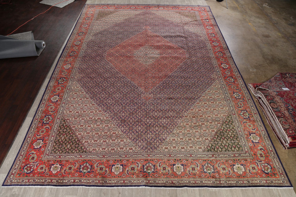 Consigned, Oriental Bordered Hand-Knotted Antique Persian Area Rug, Blue, 13X19