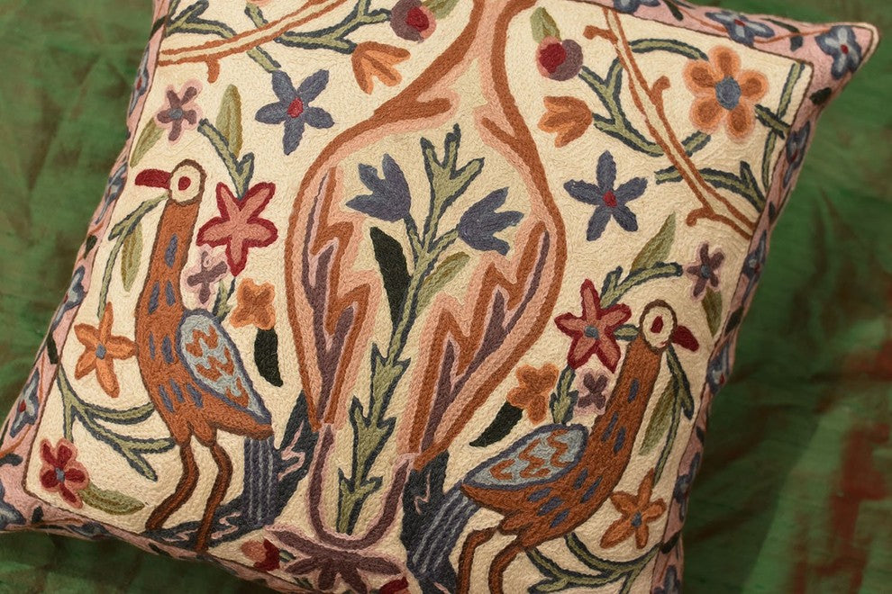Floral Vase Tree of Life Two Crane Decorative Pillow Cover Handmade Wool 18x18"