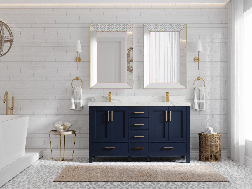 Willow Collections Malibu Vanity, Navy Blue, Calacatta Quartz, 60" Double