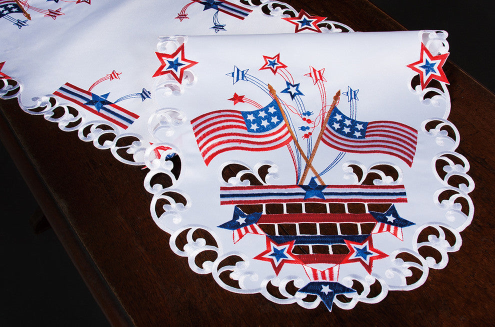 Star Spangled Embroidered Cutwork Table Runner, White, 15"x53"