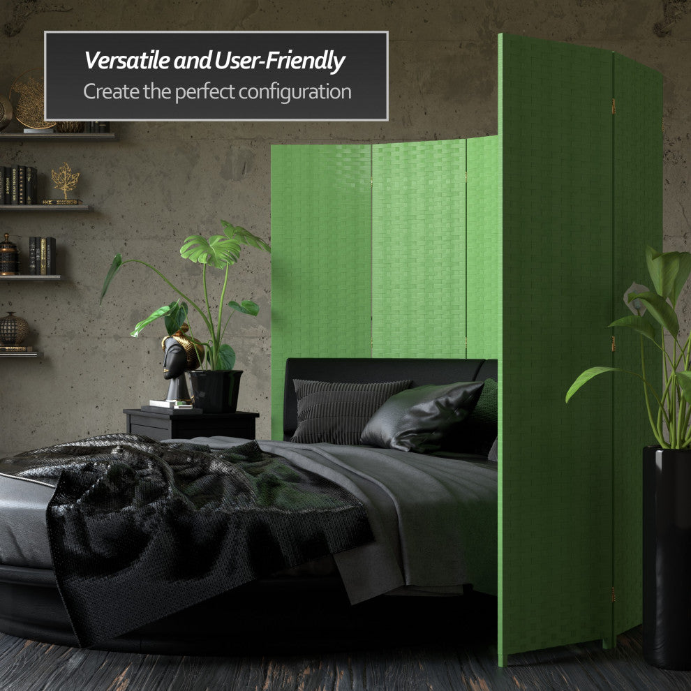 6'' Tall Woven Fiber Room Divider, 4 Panel, Light Green
