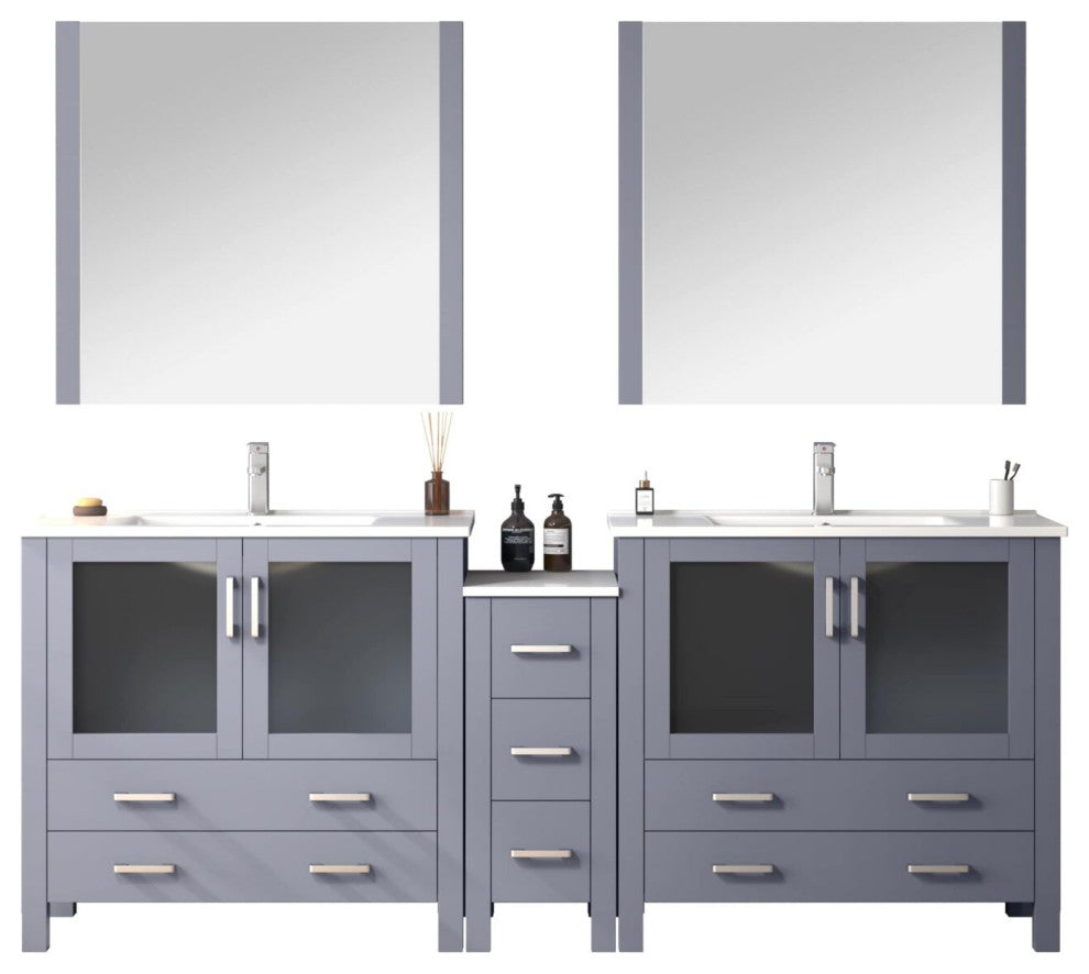 Lexora Volez 84" Vanity Cabinet, Dark Gray, Top, Mirror, 4 Doors 7 Drawers