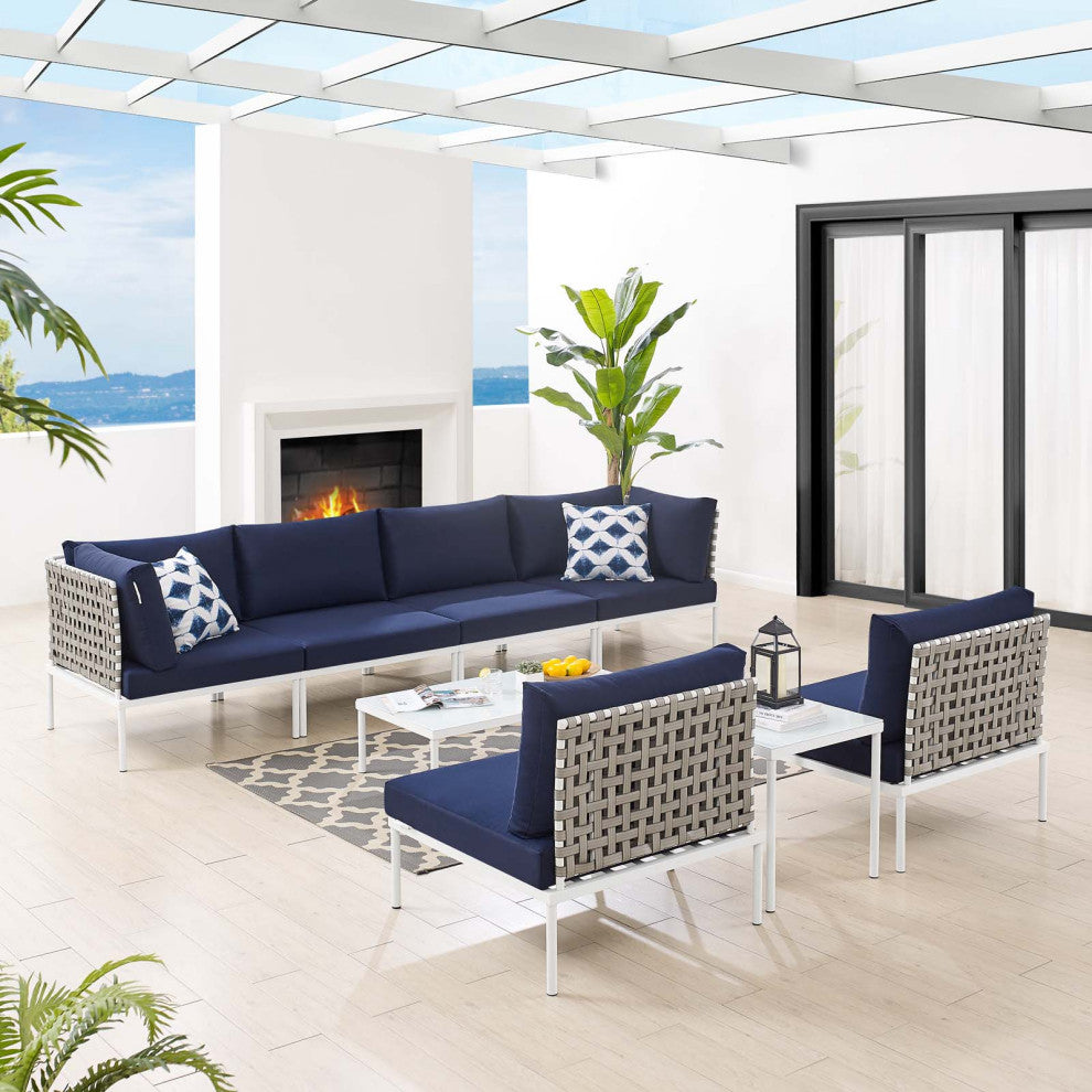 Lounge Sectional Sofa Chair Table Set, Sunbrella, Aluminum, Blue Navy, Outdoor