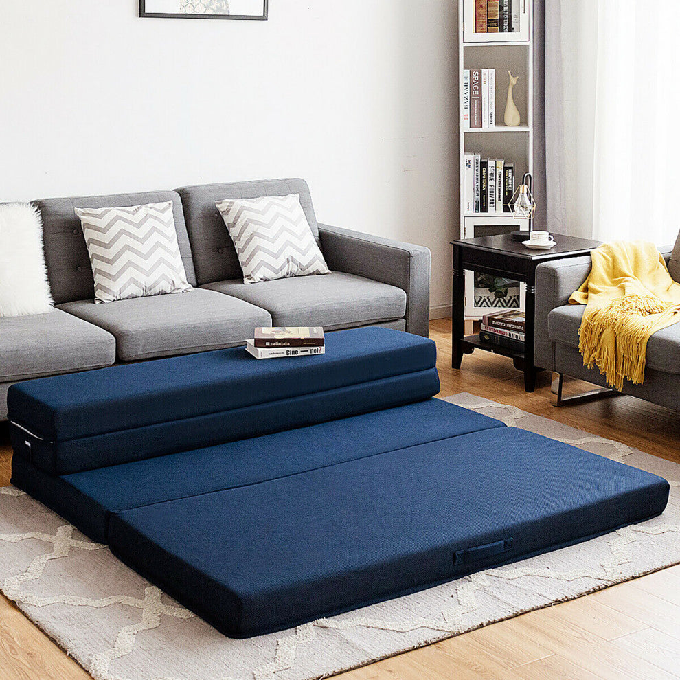 Queen Size 4'' Quart -Fold Foam Folding Mattress Futon Sleepover Sofa Bed Guest
