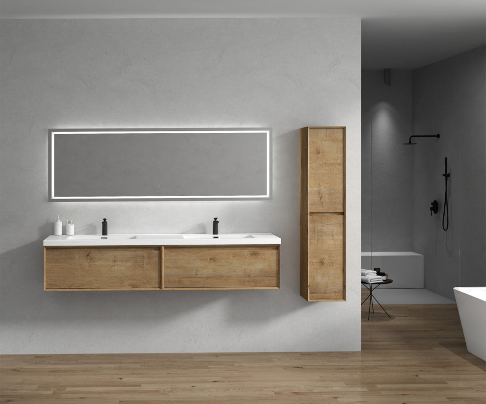 Aurora 84'' Double Sink Wall Mounted Modern Bathroom Vanity, White Oak