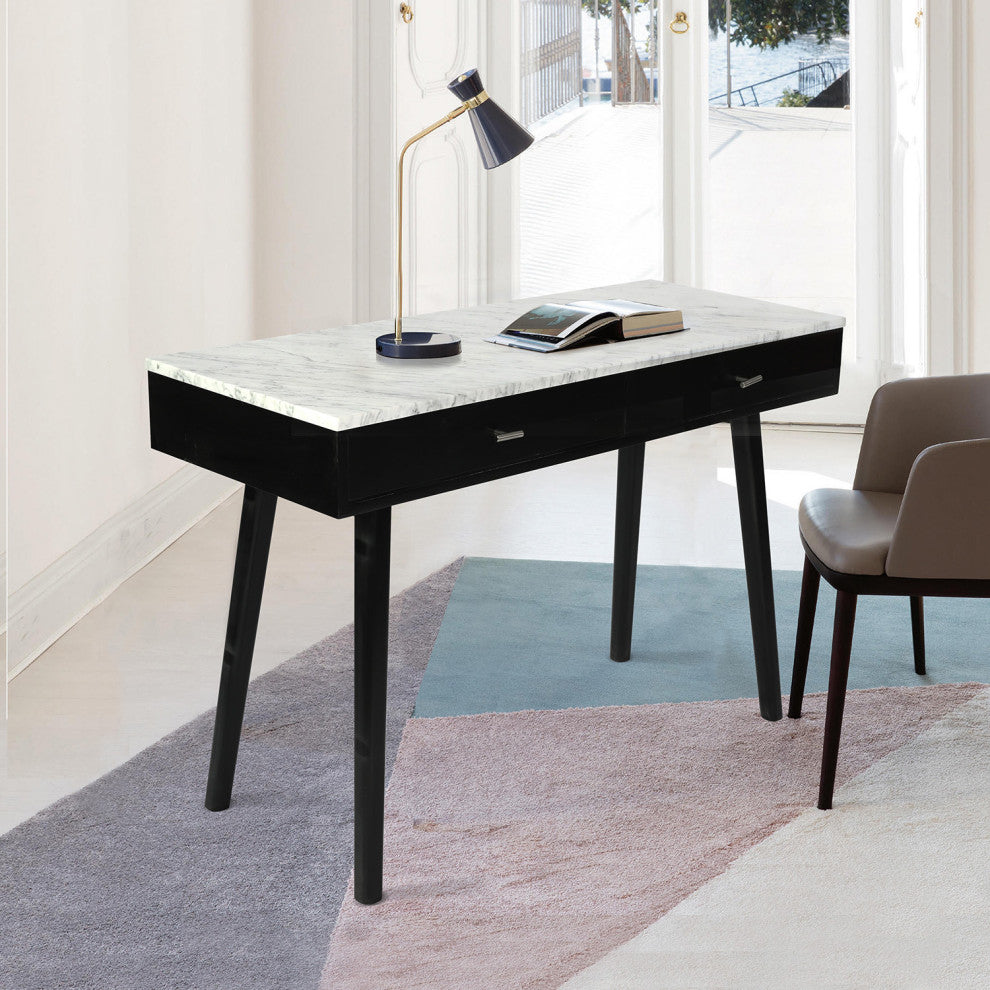 Viola 44" Rectangular Italian Carrara White Marble Writing Desk, Black, 18" Wide