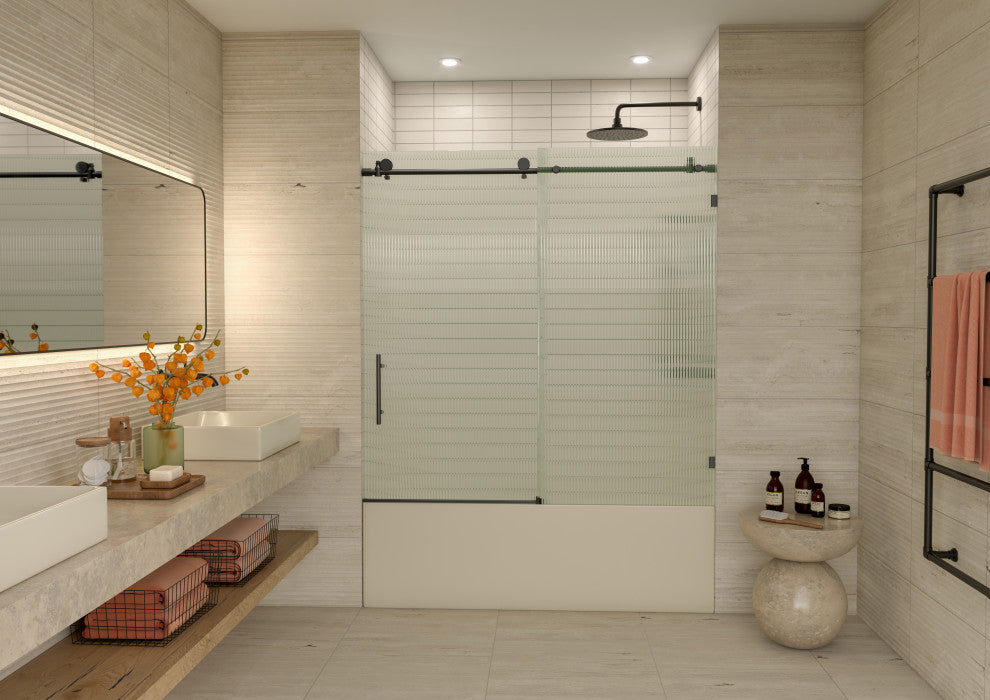 Galaxy 60"x60" Frameless Glass Sliding Bathtub Doors, Matte Black, Left
