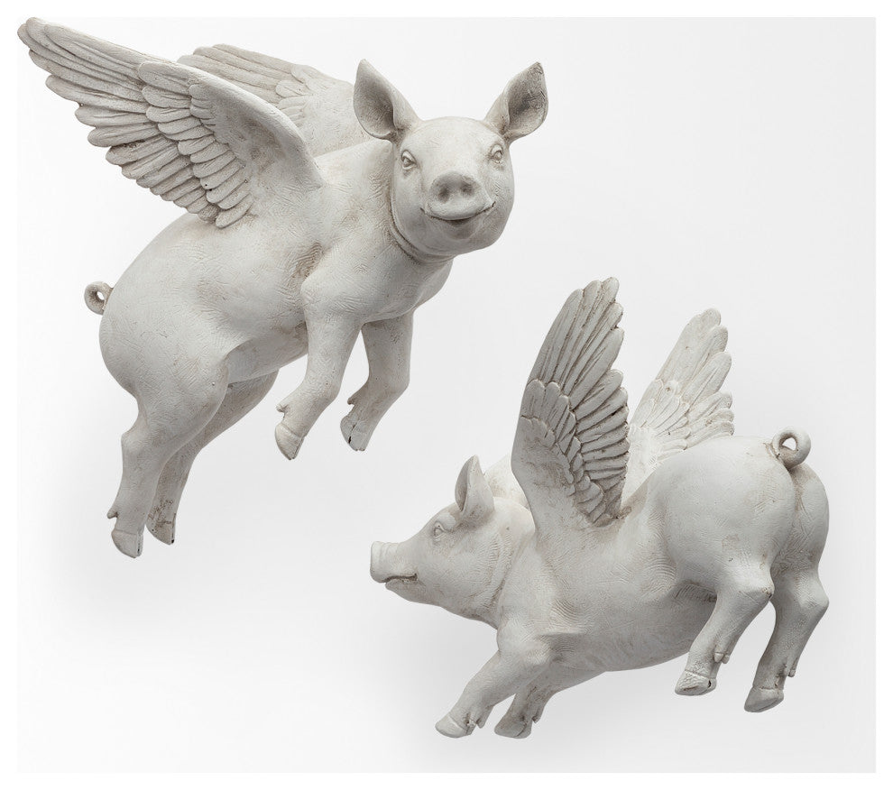 Hogbadi I White Resin Flying Pigs, Set Of 2, White