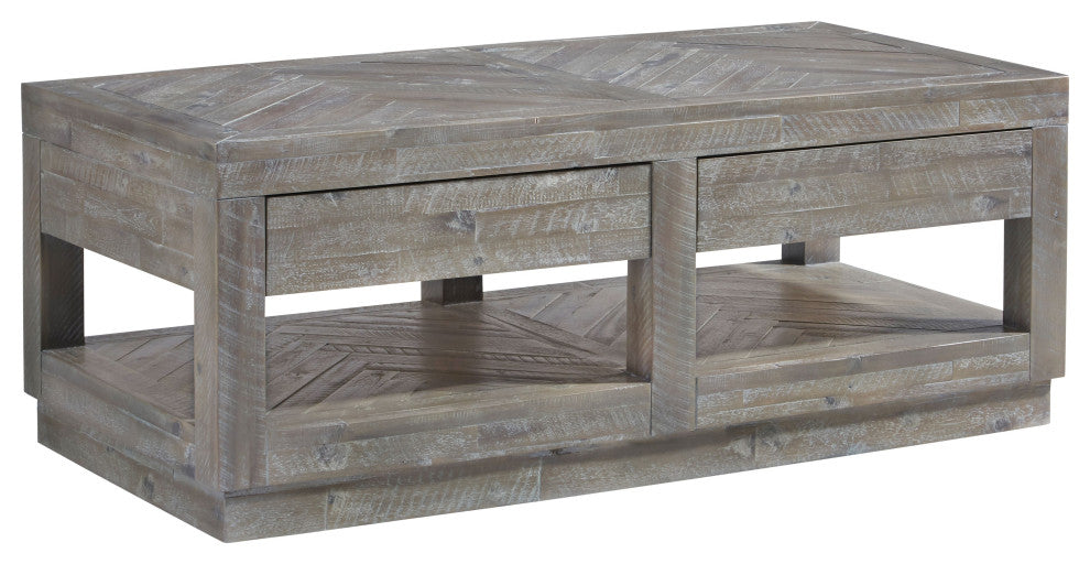 Modus Herringbone Solid Wood Two Drawer Coffee Table in Rustic Latte