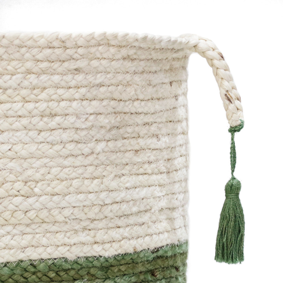 Two-Tone Off-White Jute Decorative Basket With Handles, Moss Green, 19"