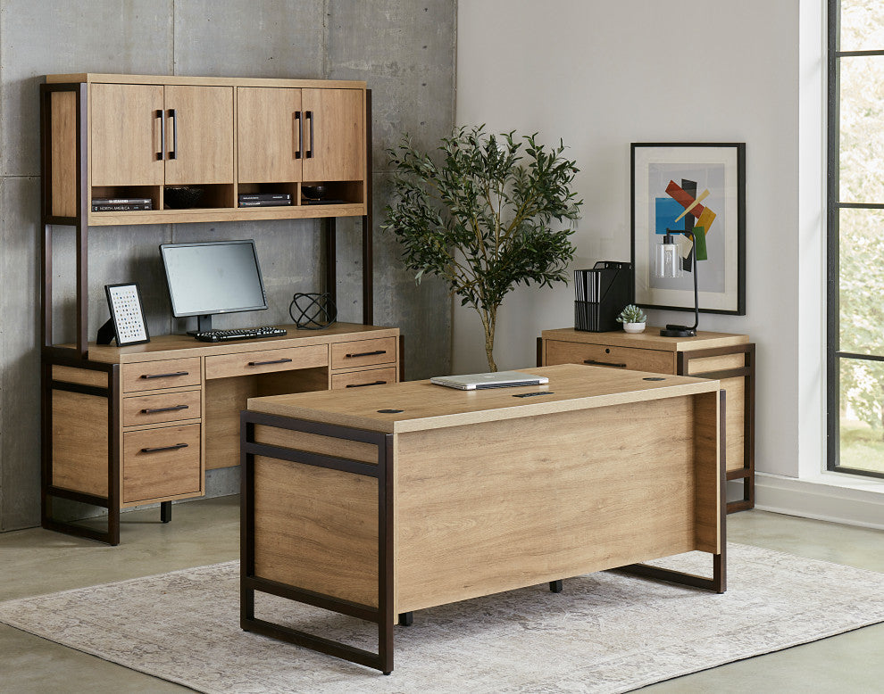 Modern Wood Laminate Hutch With Wood Doors, Light Brown