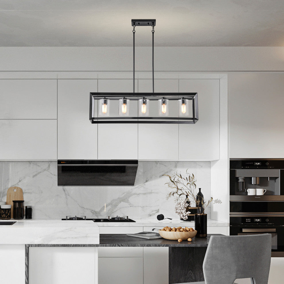 5-Light Antique Black Rectangular Kitchen Island Chandelier With Glass Shades