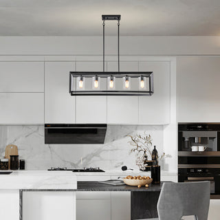 5-Light Antique Black Rectangular Kitchen Island Chandelier With Glass Shades