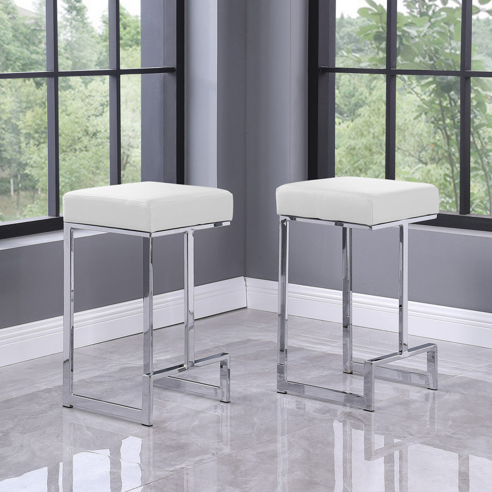Jakob Backless 25" Counter Height Stool, Stainless Steel, Set of 2, White